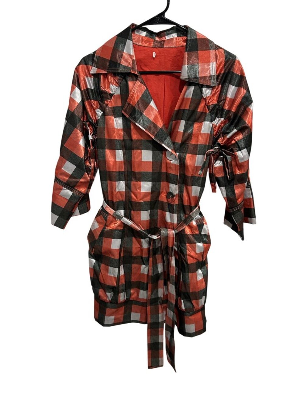 Womens Metallic Buffalo Check Belted Trench Coat Plaid Jacket Boho Glam